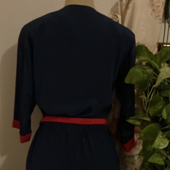 Vintage Dress Leslie Fay Petite Collection Blue with Red Sleeve Cuffs on Pockets - Picture 10 of 16